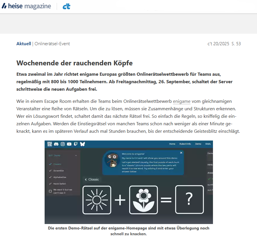 A screenshot of a heise article about enigame
